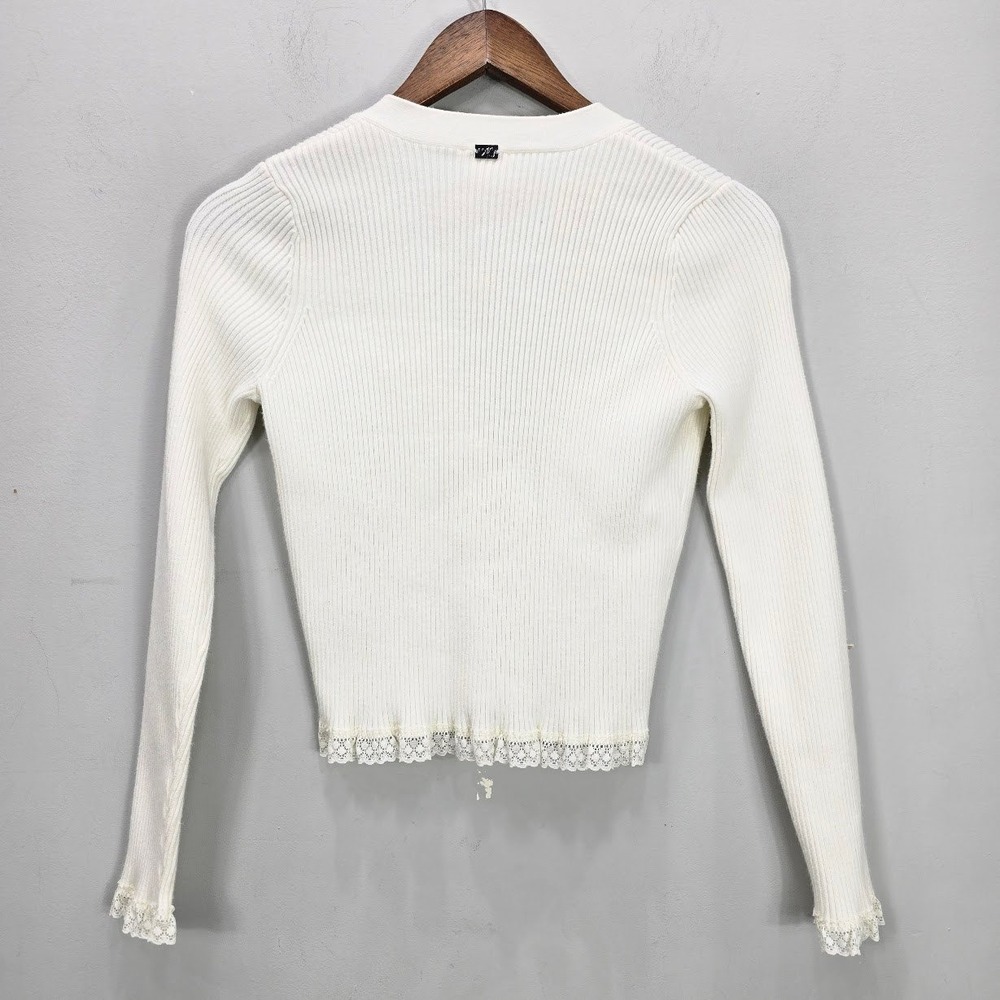 For Love & Lemons Ribbed Knit Nina Cardigan Sweater S Lace Trim Coquette Preppy - Picture 2 of 10